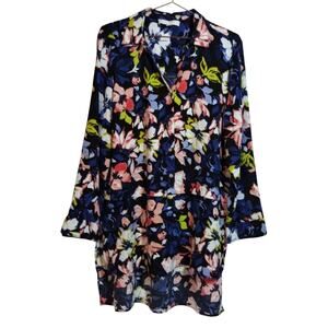 Adyson Parker Blue Floral Long Sleeve Tunic Top High Low Roll Tab Size L